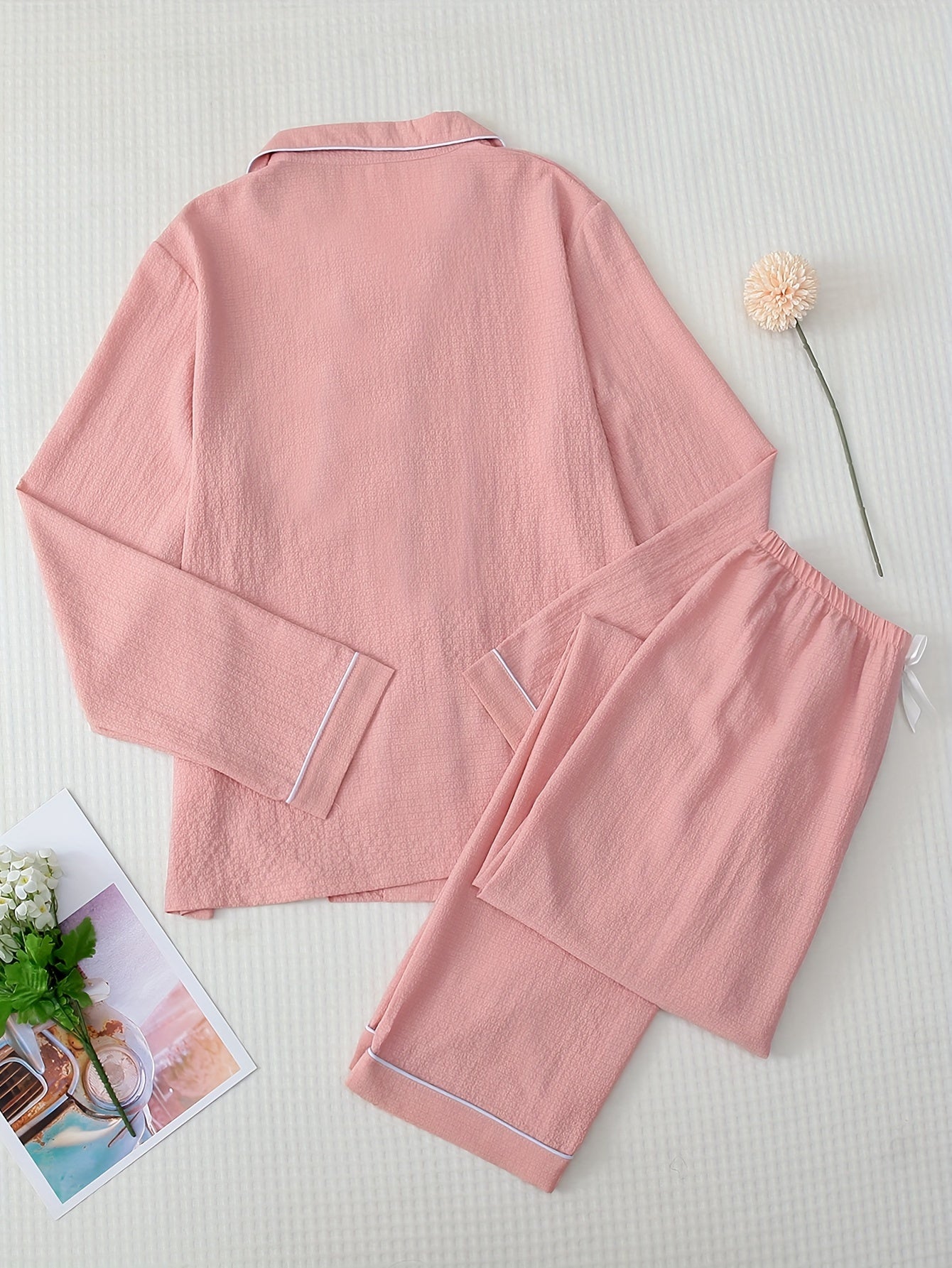 Heart Print Pajama Set Long Sleeve Buttons Top & Elastic Waistband Pants Women