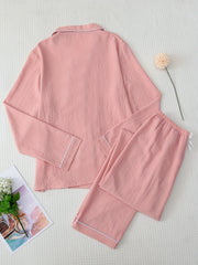Heart Print Pajama Set Long Sleeve Buttons Top & Elastic Waistband Pants Women