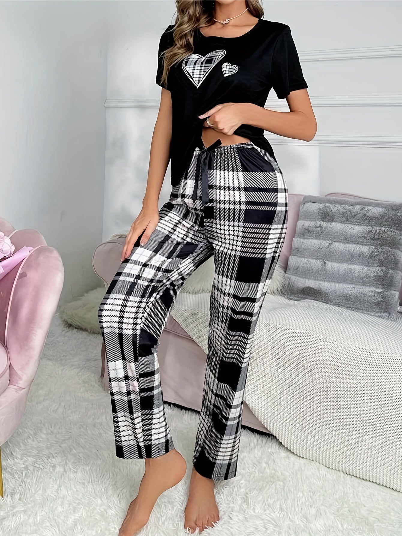 Heart Print Pajama Set & Plaid Pants Women's Sleepwear