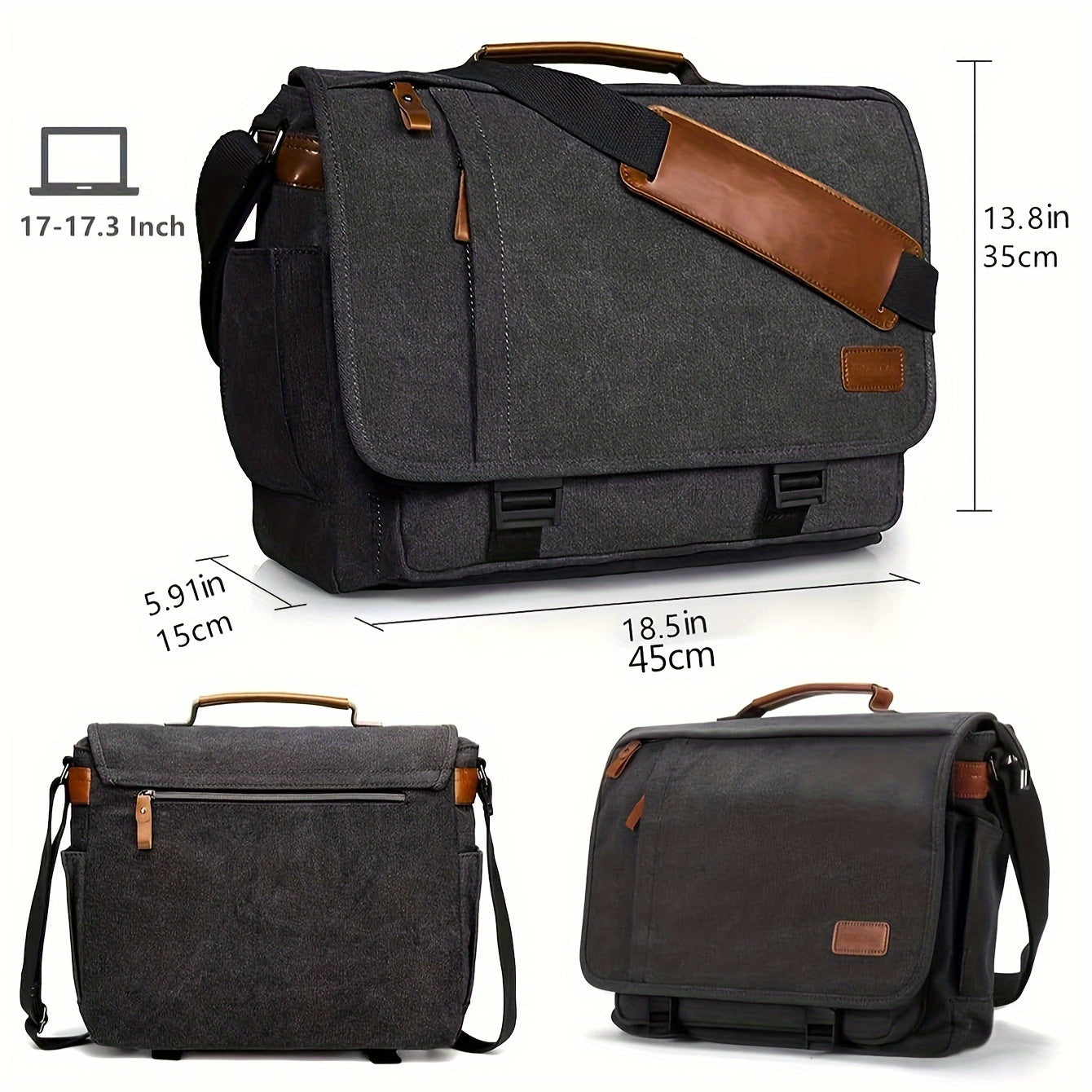 17 Inch Laptop Messenger Bag Waterproof Canvas Shoulder Strap Durable