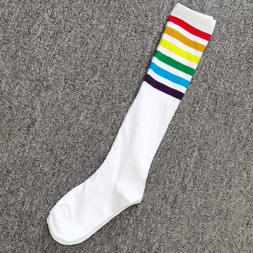 Rainbow Striped Calf Socks Harajuku College Style Knee High Socks Women