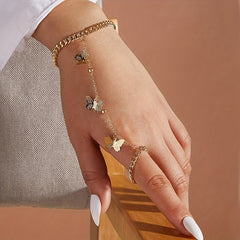 Vintage Butterfly Tassel Finger Ring Bracelet Hand Jewelry