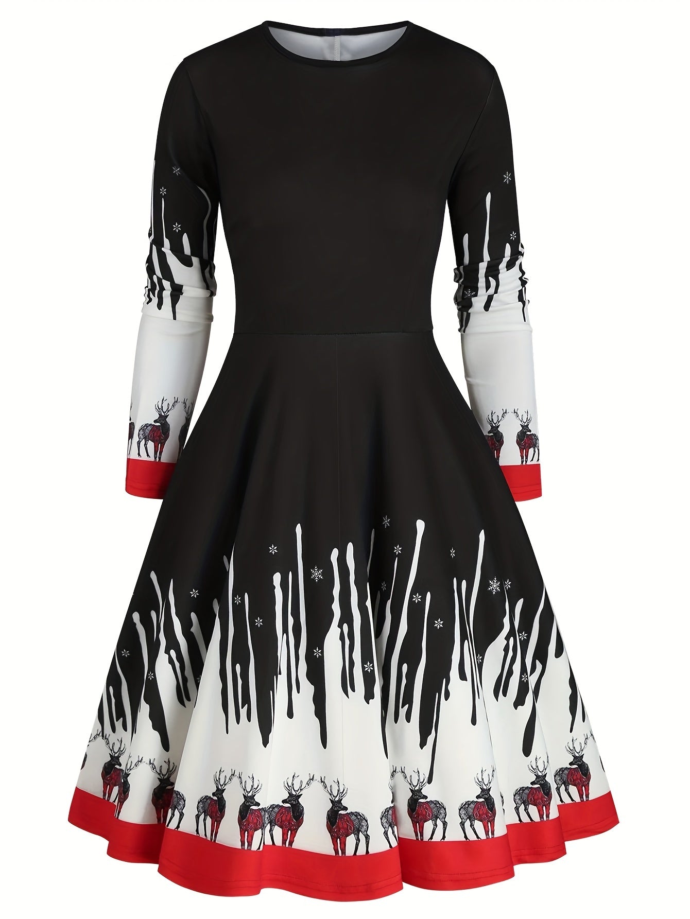  Colorblock Deer Print Round Neck Dress