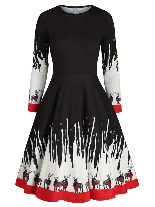 Colorblock Deer Print Round Neck Dress