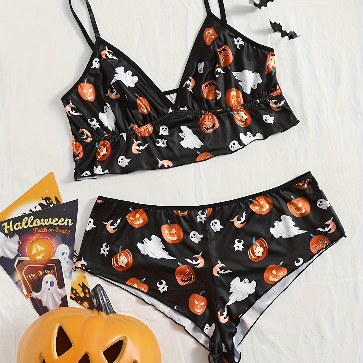  Ghost & Pumpkin Print Ruffle Trim Bra & Panty Set