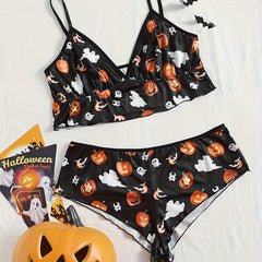  Ghost & Pumpkin Print Ruffle Trim Bra & Panty Set