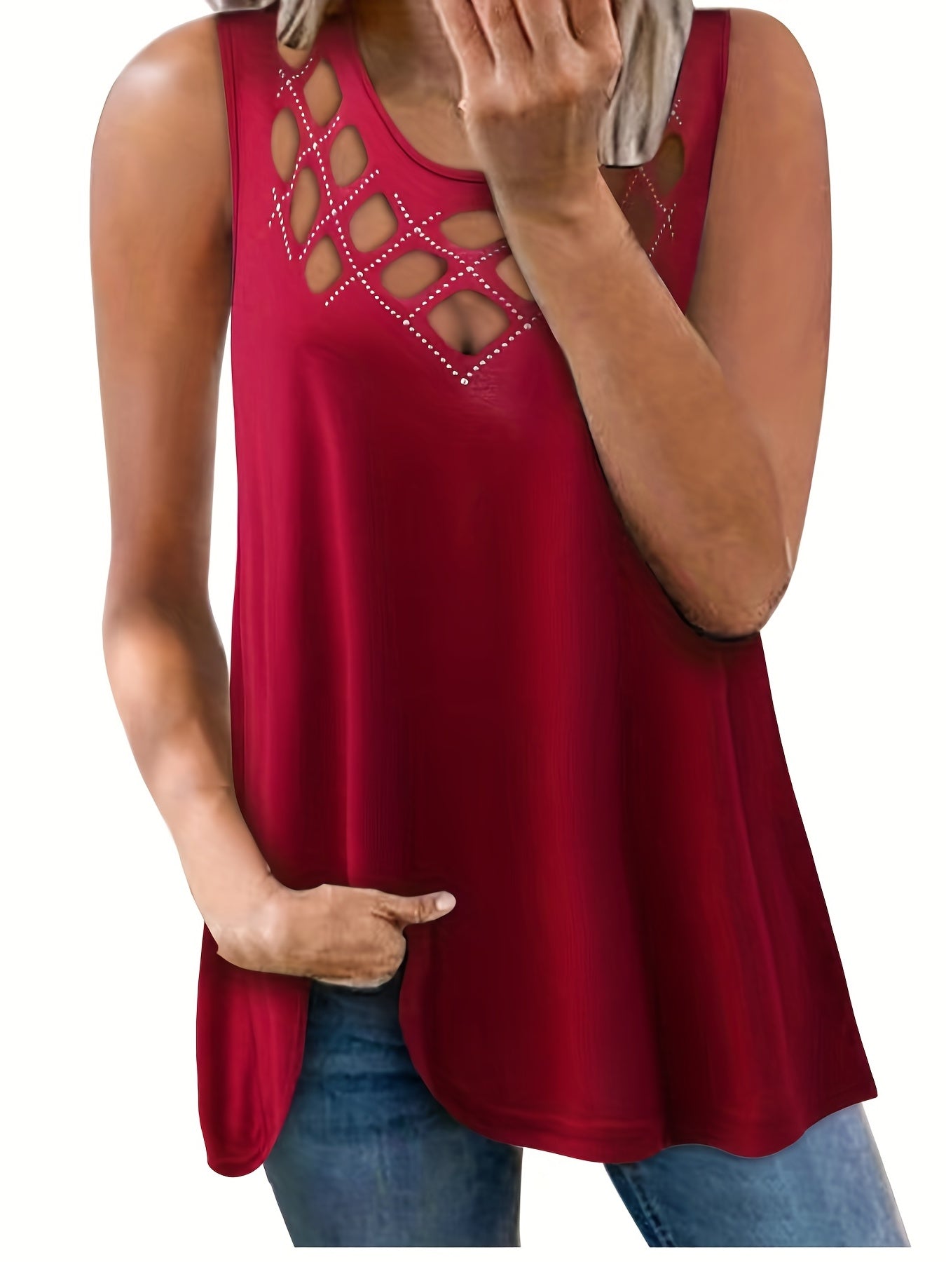  Casual Tank Top Women's Plus Solid Rhinestone Cut Out Round Neck