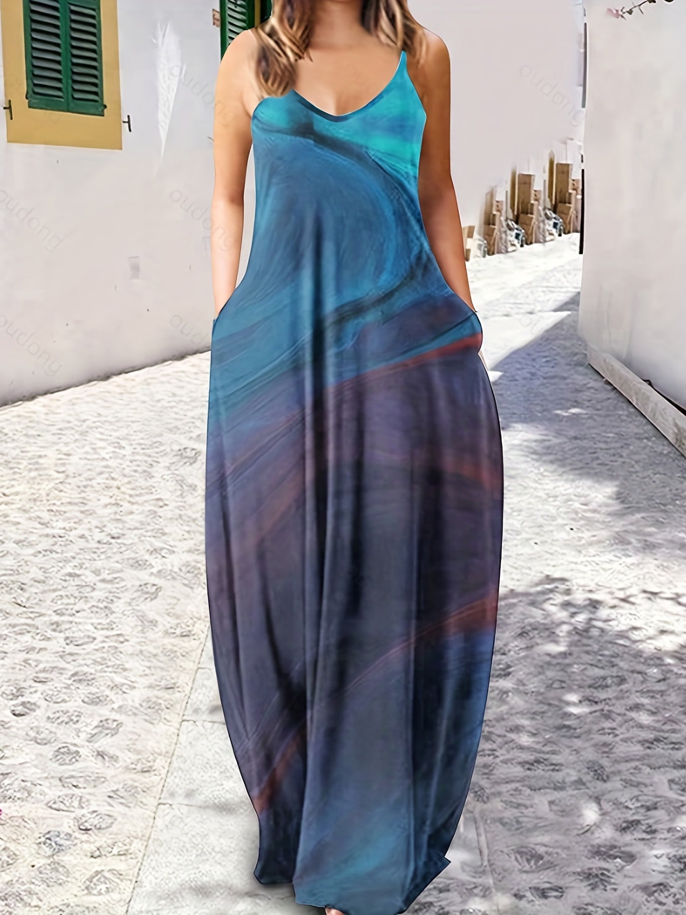 Plus Size Women's Fluid Print V Neck Cami Maxi Dress