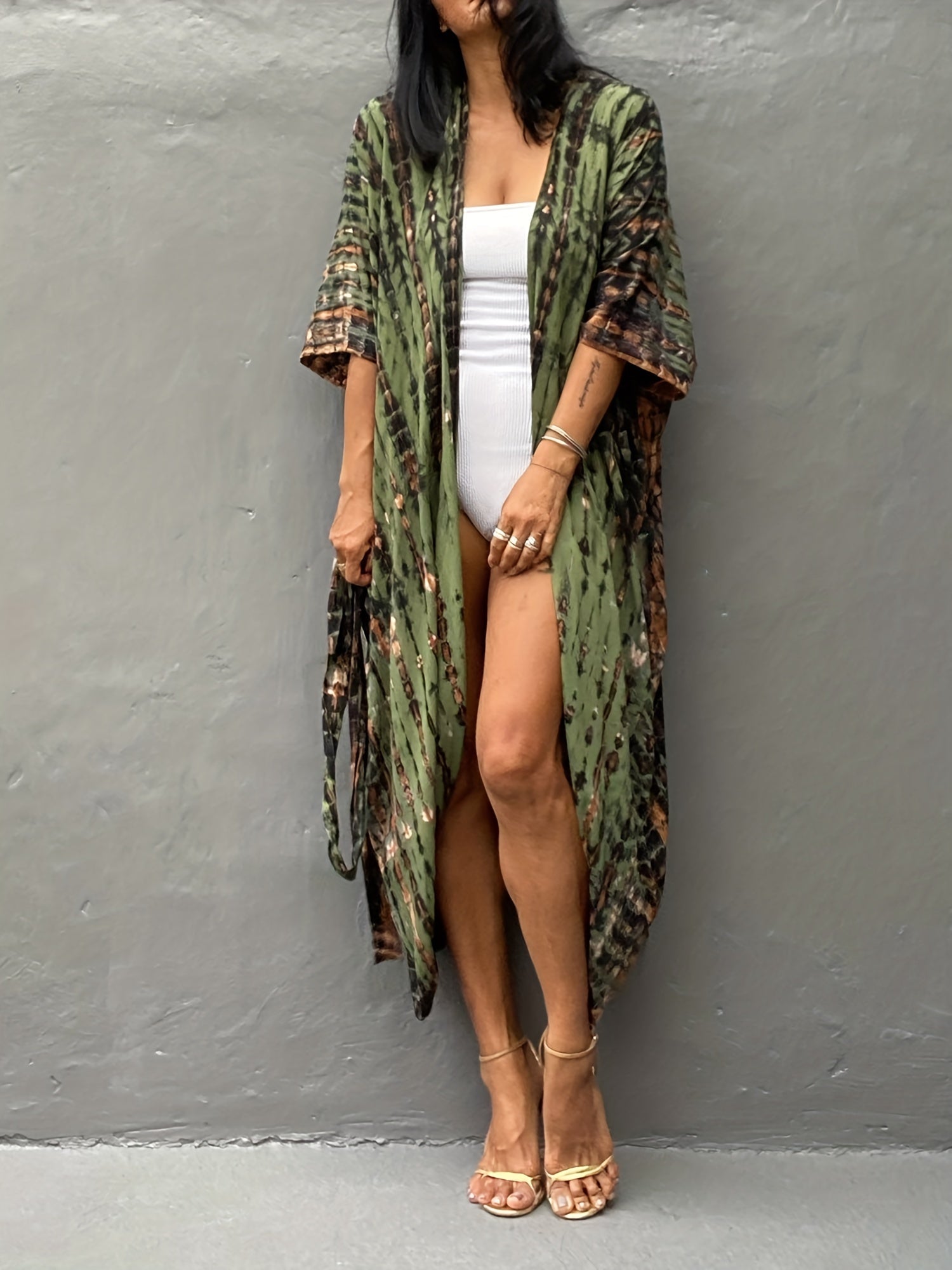 Boho Kimono Tie Dye Stripe Print Batwing Sleeve Cover Up