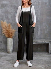 Solid Knot Strap Overall Jumpsuit with Pockets