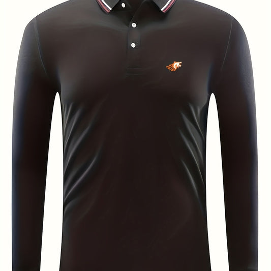 Men's Wolf Head Print Polo Shirt Casual Breathable Long Sleeve Shirt
