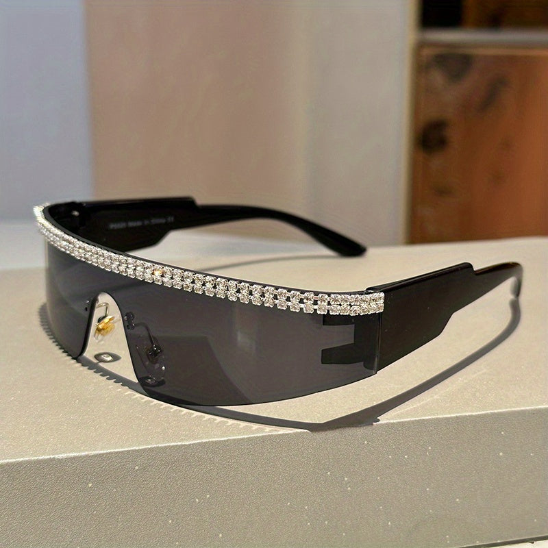 Y2K Rhinestone One-piece Sunglasses Punk Futuristic Mirror Lens UV400