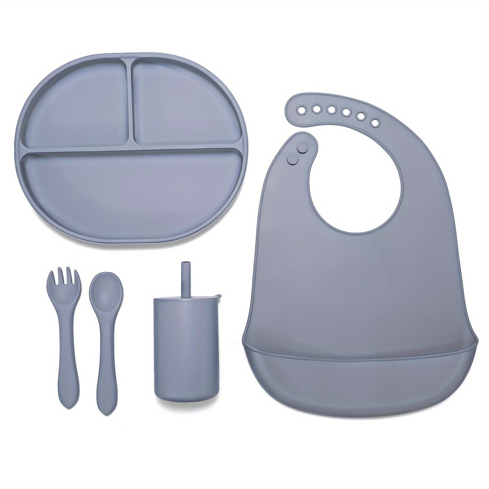 Silicone Toddler Eating Set: Cutlery, Bib, Spoon, Fork, Water Cup