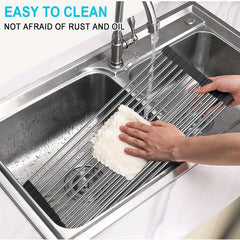 Stainless Steel Sink Drain Rack Over Sink Roll Up Large Dish Drainers Rack
