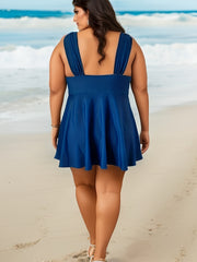 Plus Size Modest Tankini Set Women's Solid Dress & Print Shorts Swimsuit