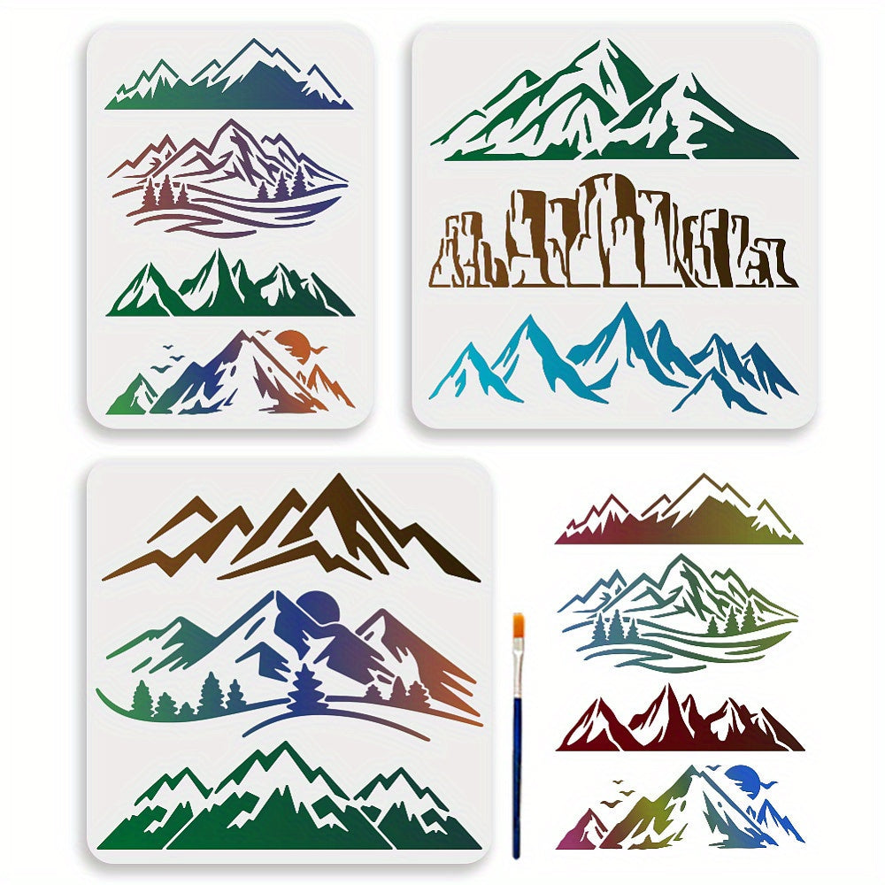 10 Mountain Stencils with Brush - Wood Wall Canvas Craft