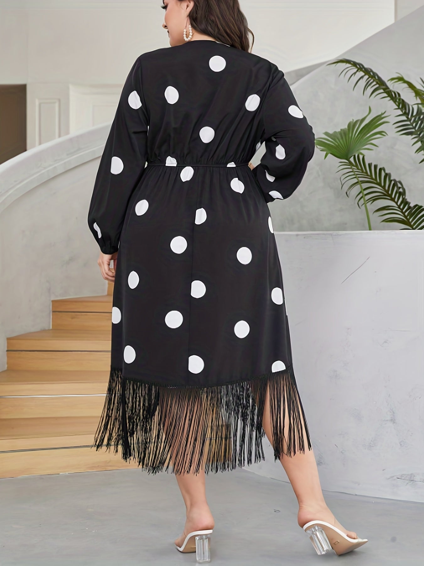  Dot Print Long Sleeve Wrap Dress