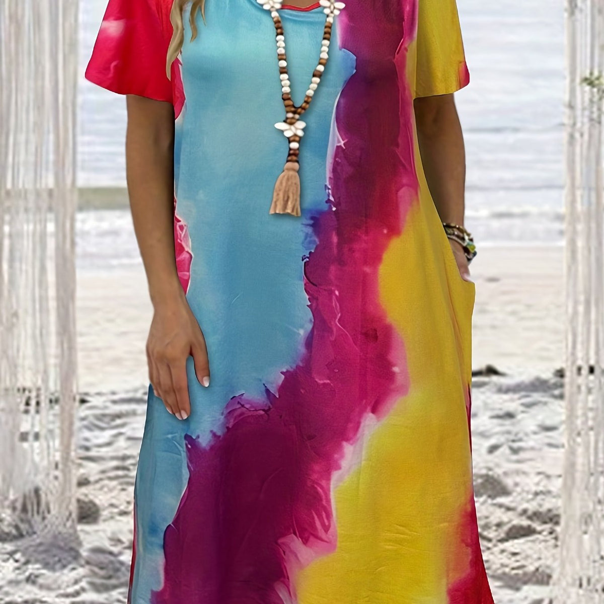  Colorblock Short Sleeve Round Neck Stretch Dress With Pockets