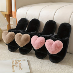 Plush Lined Heart Decor Slippers, Open Toe, Comfortable Indoor Shoes