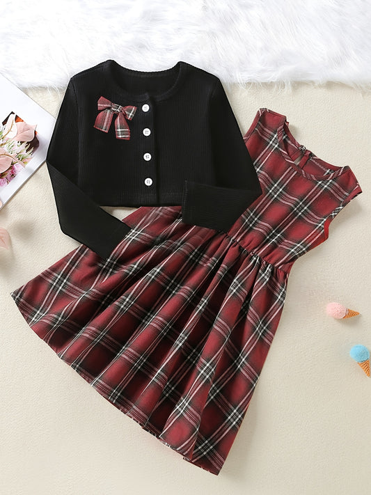 Girls Cotton Long Sleeve Top & Plaid Vest Dress Set