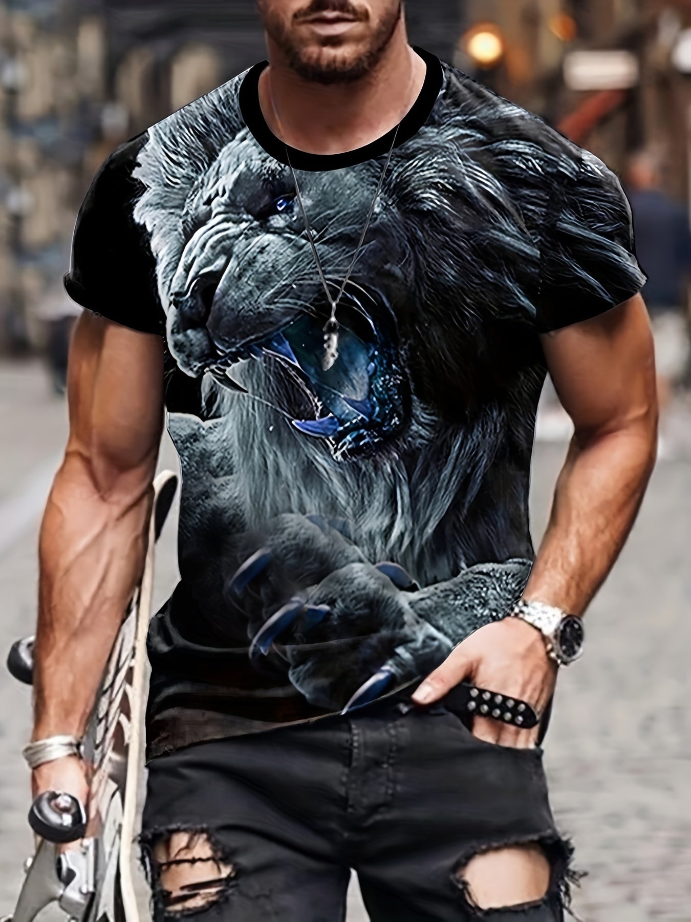 Men's Lion Pattern Sports T-shirt Stretch Round Neck Tee Shirt
