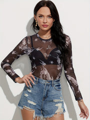 Dragon Print Sheer Bodysuit Long Sleeve Slim Fit Sexy Women's Clothing