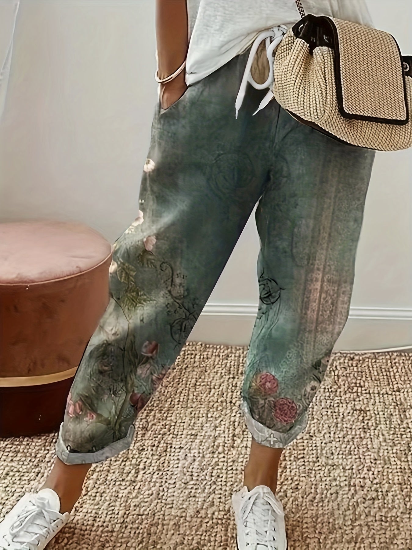 Women's Plus Floral Print Drawstring Elastic High Rise Trousers