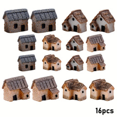16pcs Rustic House Set for Garden Resin Bonsai Accessories