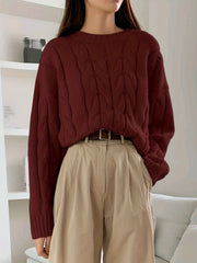  Solid Cable Long Sleeve Round Neck Sweater