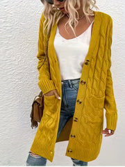  Solid Jacquard Long Cardigan With Pockets