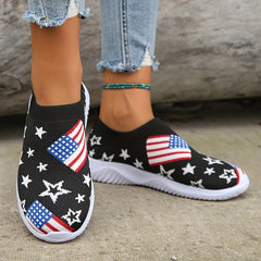 Women's Flag Pattern Knit Slip-On Sneakers Low Round Toe Non-Slip Shoes