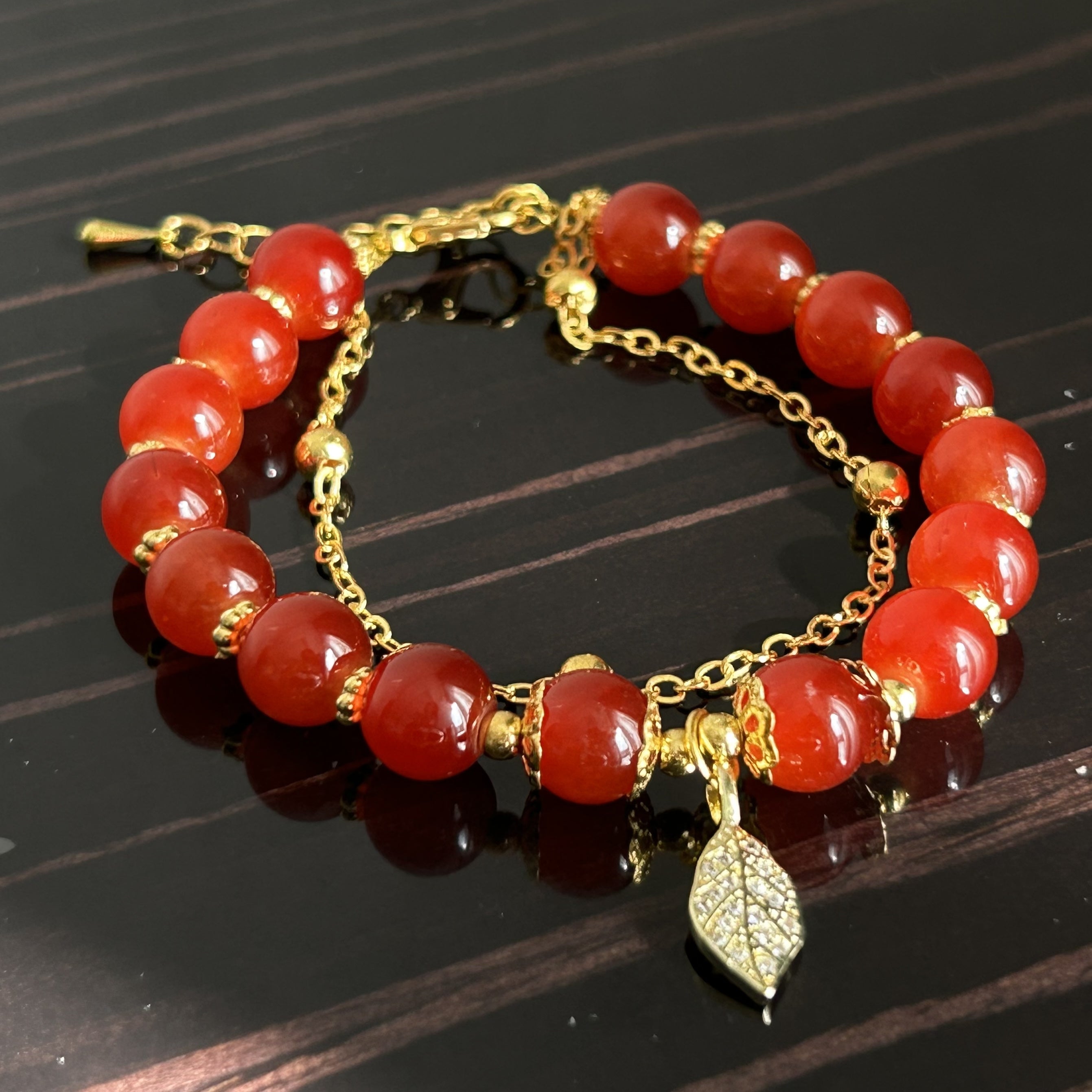 Red Bead & Golden Leaf Bracelet - Ideal Gift for Girlfriend & Mother