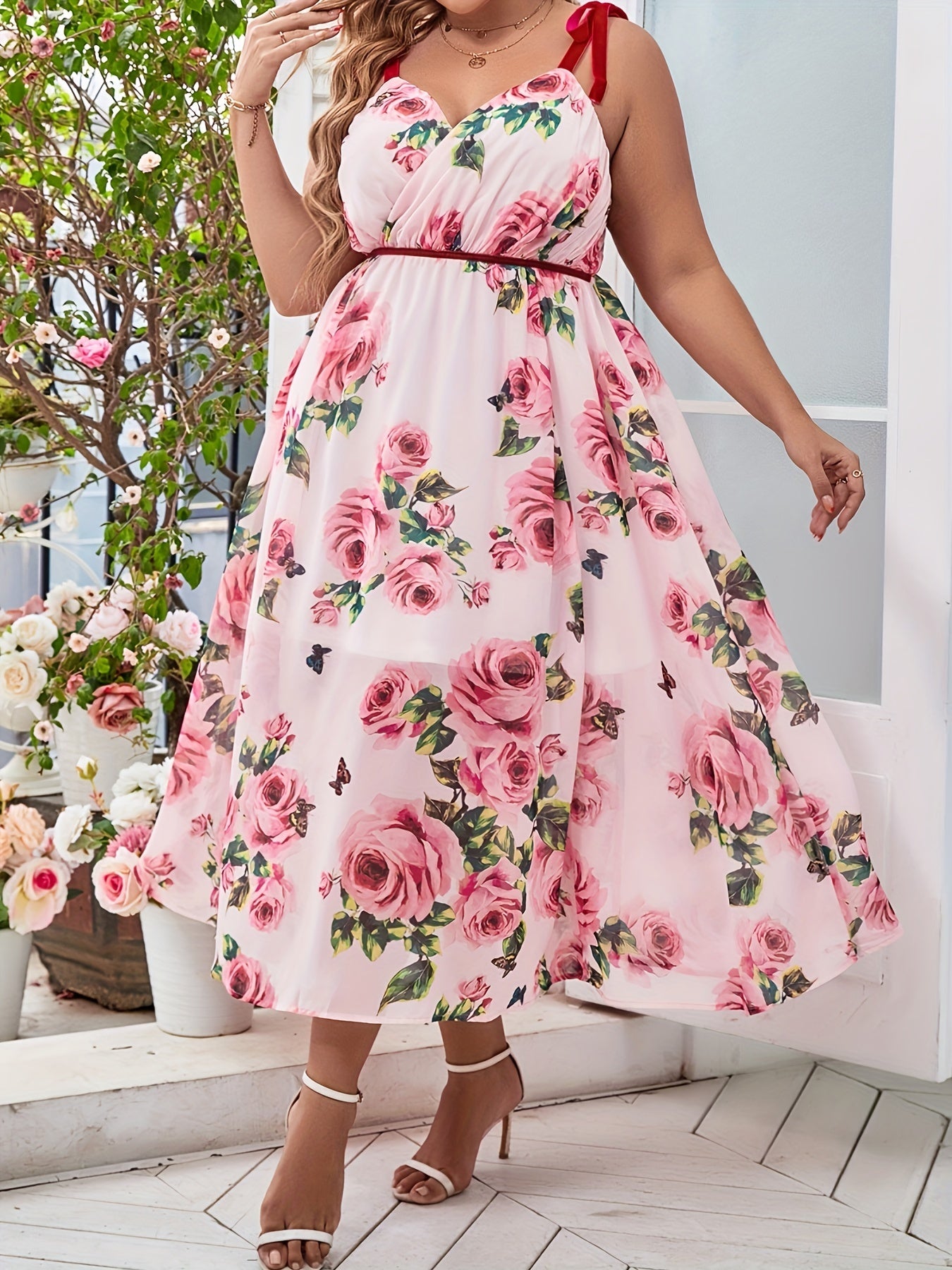  Rose Print Knot Strap Maxi Dress Women's Plus Romantic Long Dress