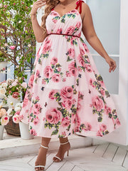  Rose Print Knot Strap Maxi Dress Women's Plus Romantic Long Dress