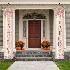 2pcs Pink Rose Golden Happy Birthday Door Banner Decorations