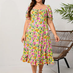  Ditsy Floral Print Ruffle Trim Puff Sleeve Maxi Dress