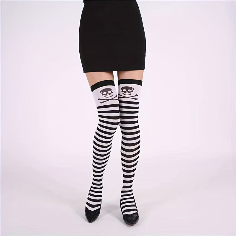 Skull Print Striped Thigh High Socks Halloween Over The Knee Stockings