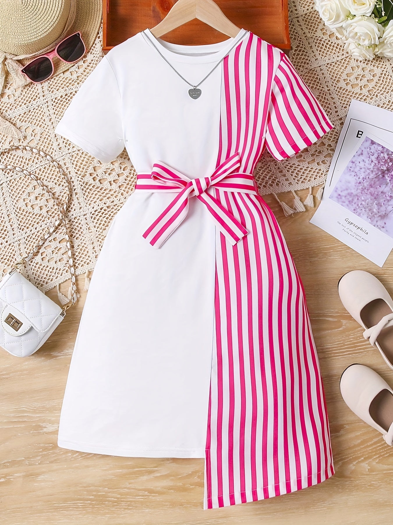 Girls Striped Short Sleeve Belted Dress Casual Spring Summer