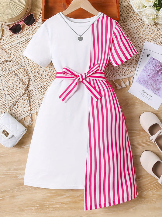 Girls Striped Short Sleeve Belted Dress Casual Spring Summer
