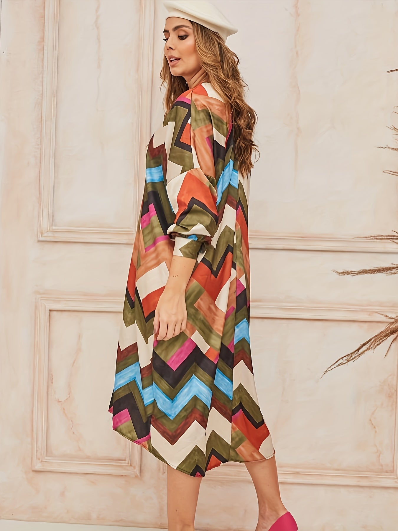  Geometric Print V Neck Casual Dress