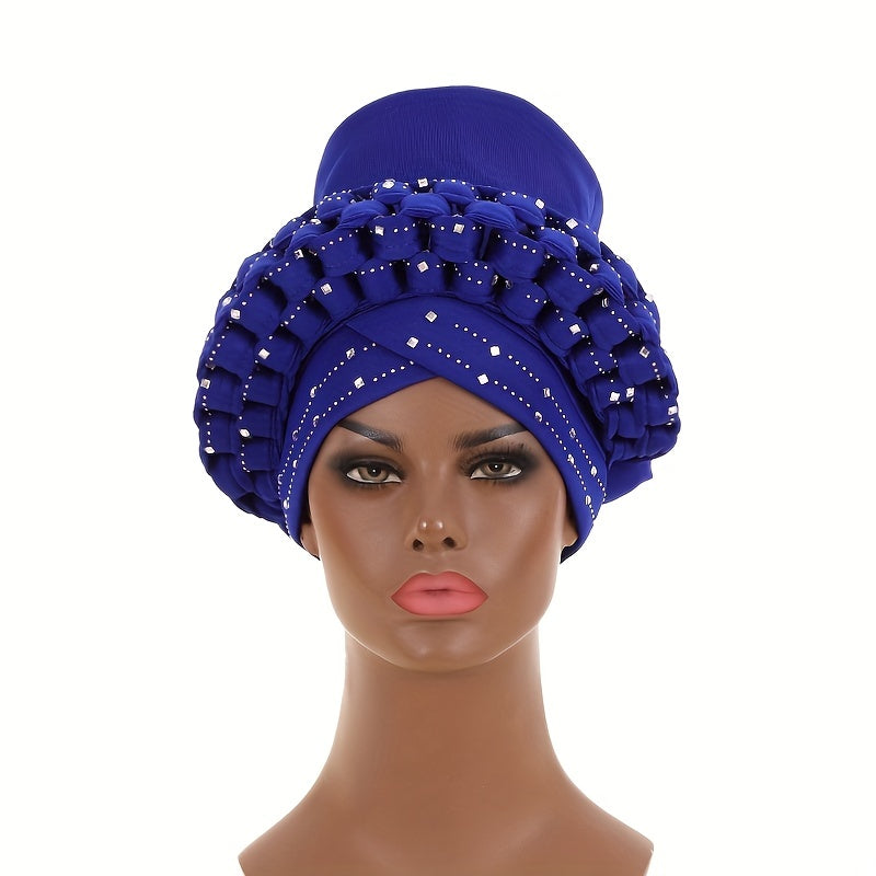 Rhinestone Decor Big Turban Cap Braided Elastic Head Wrap