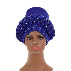 Rhinestone Decor Big Turban Cap Braided Elastic Head Wrap