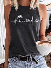 Coconut Tree Print Tank Top Crew Neck Sleeveless Casual