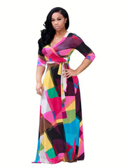  Geometric Print Surplice Neck Maxi Dress