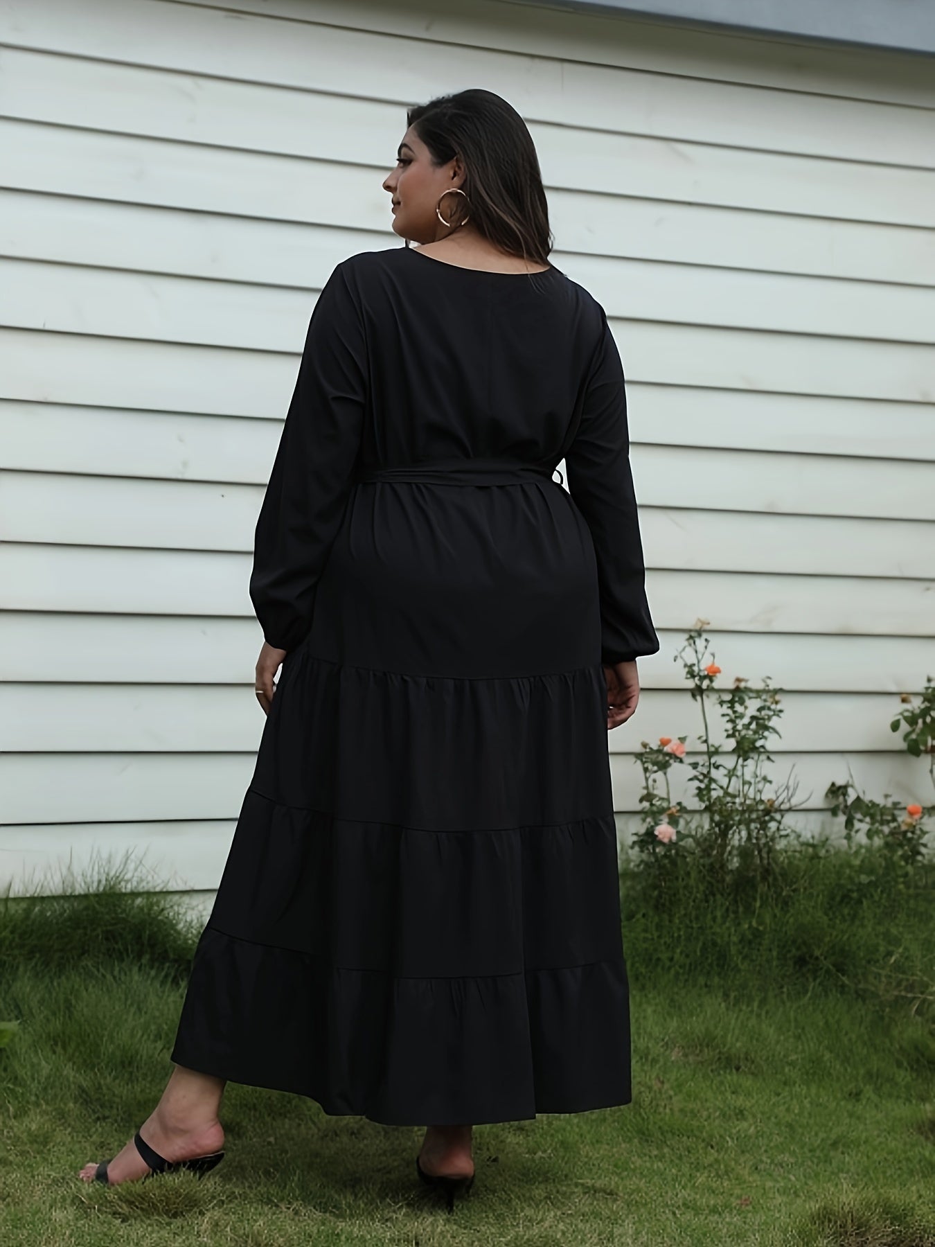 Women's Plus Solid Lantern Sleeve Maxi Dress With Belt
