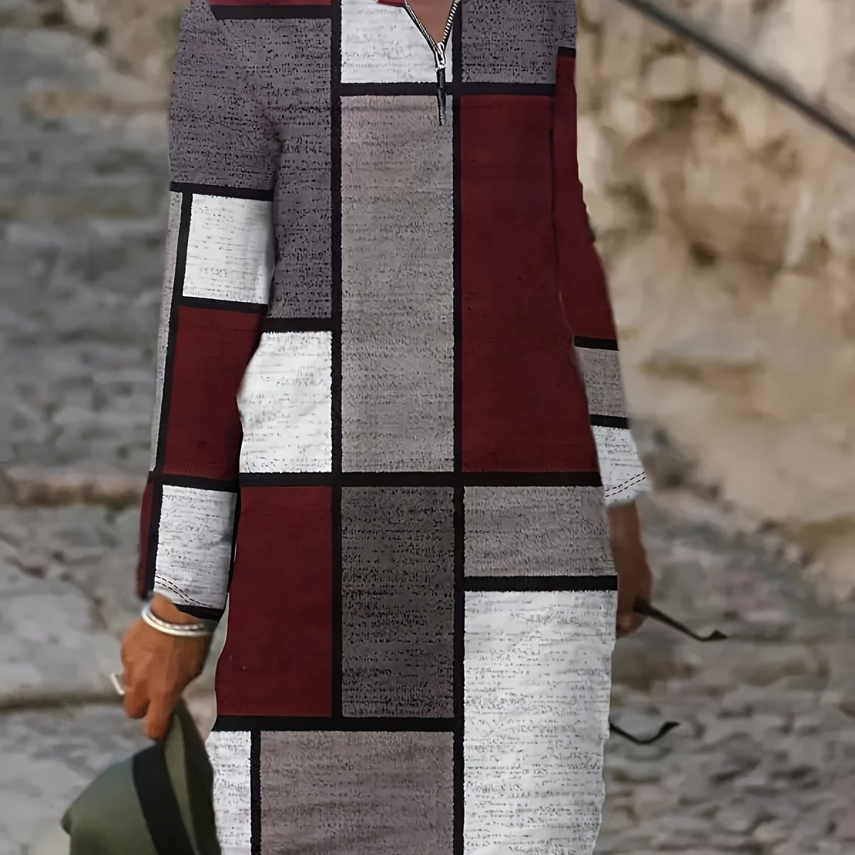  Patchwork Print Long Sleeve Dress