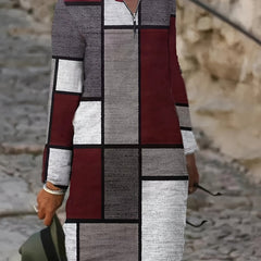  Patchwork Print Long Sleeve Dress