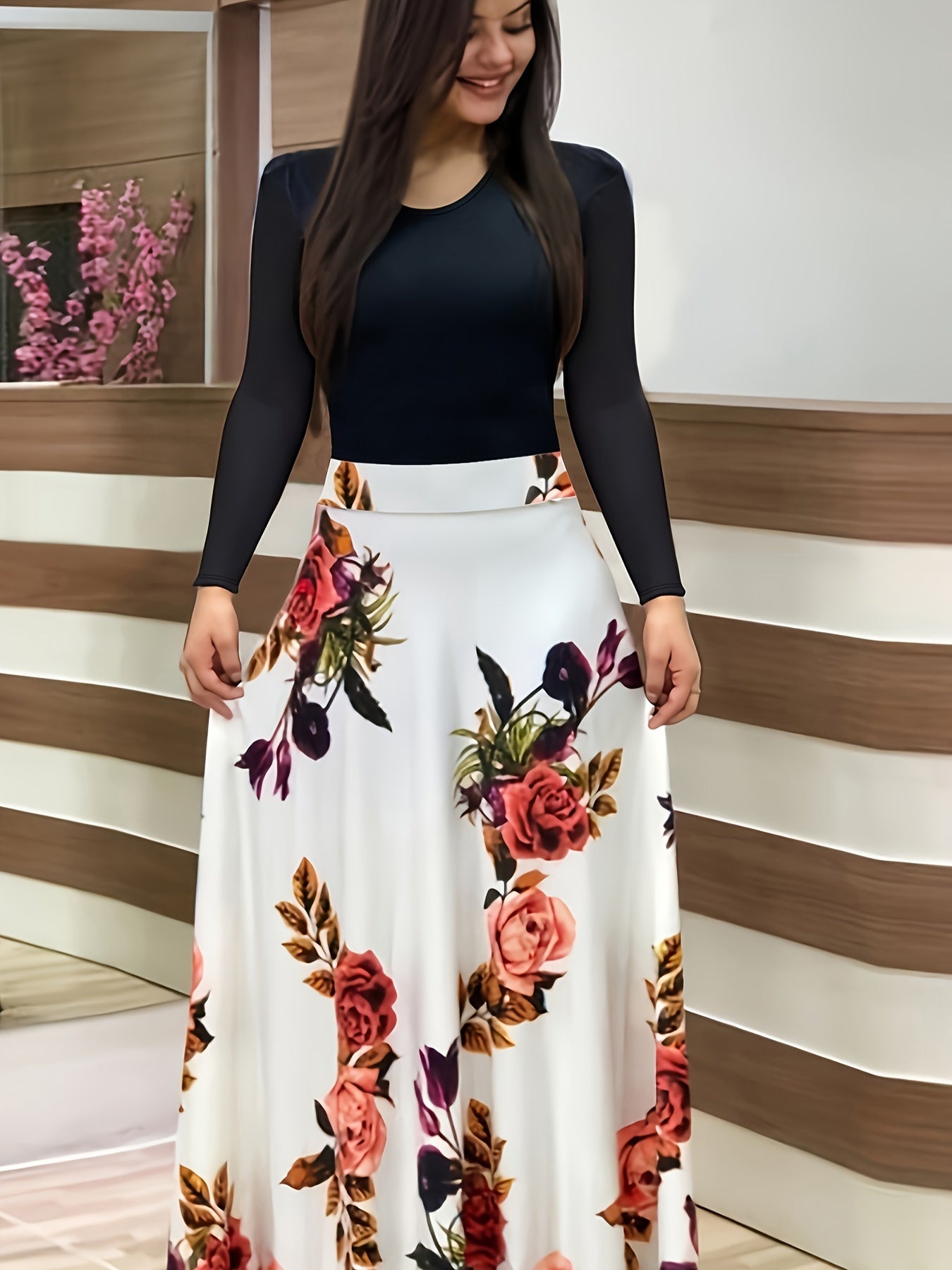  Colorblock Floral Print Round Neck Maxi Dress
