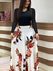  Colorblock Floral Print Round Neck Maxi Dress