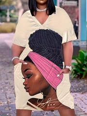  Figure Print Ruched V Neck Dress With Pockets